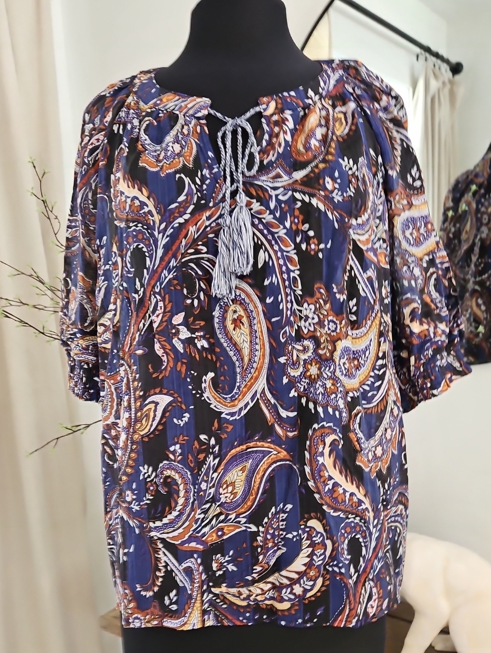 Ellison Women's Navy Paisley Tassel Peasant Blouse. Size L